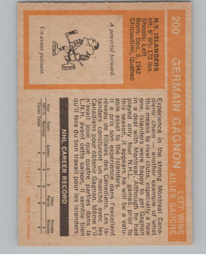 1972-73 O-Pee-Chee #200 Germain Gagnon  RC Rookie New York Islanders  V99586 Image 2
