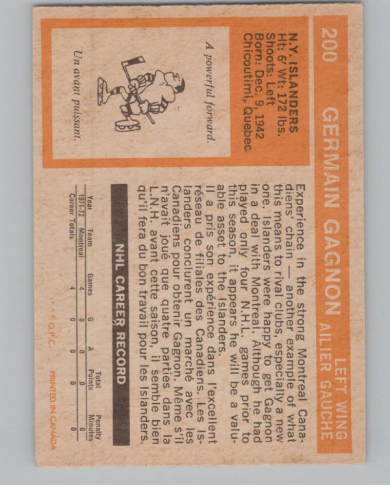 1972-73 O-Pee-Chee #200 Germain Gagnon  RC Rookie New York Islanders  V99587 Image 2