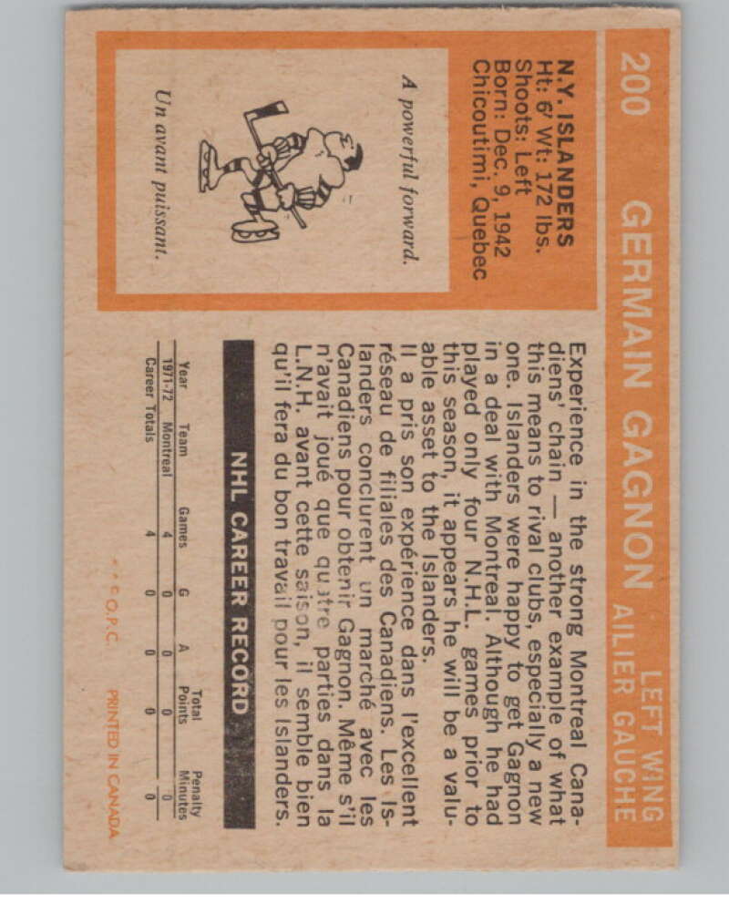 1972-73 O-Pee-Chee #200 Germain Gagnon  RC Rookie New York Islanders  V99588 Image 2