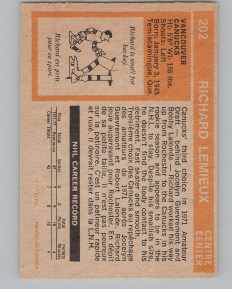 1972-73 O-Pee-Chee #202 Richard Lemieux  RC Rookie Vancouver Canucks  V99591 Image 2