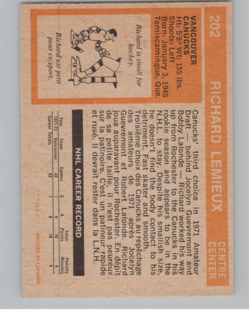 1972-73 O-Pee-Chee #202 Richard Lemieux  RC Rookie Vancouver Canucks  V99592 Image 2