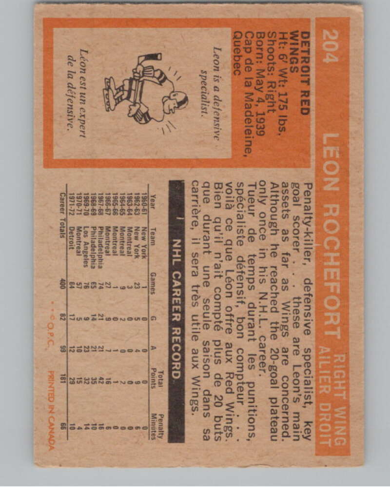 1972-73 O-Pee-Chee #204 Leon Rochefort  Detroit Red Wings  V99594 Image 2