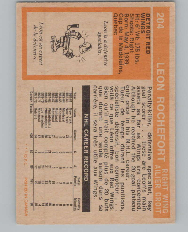 1972-73 O-Pee-Chee #204 Leon Rochefort  Detroit Red Wings  V99595 Image 2