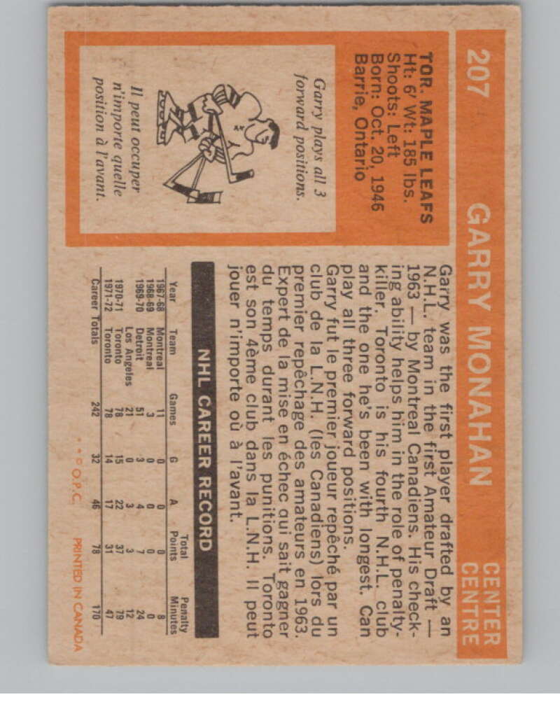 1972-73 O-Pee-Chee #207 Garry Monahan  Toronto Maple Leafs  V99596 Image 2