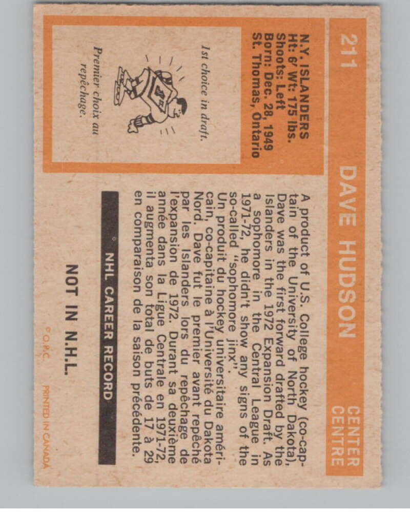 1972-73 O-Pee-Chee #211 Dave Hudson  RC Rookie New York Islanders  V99597 Image 2