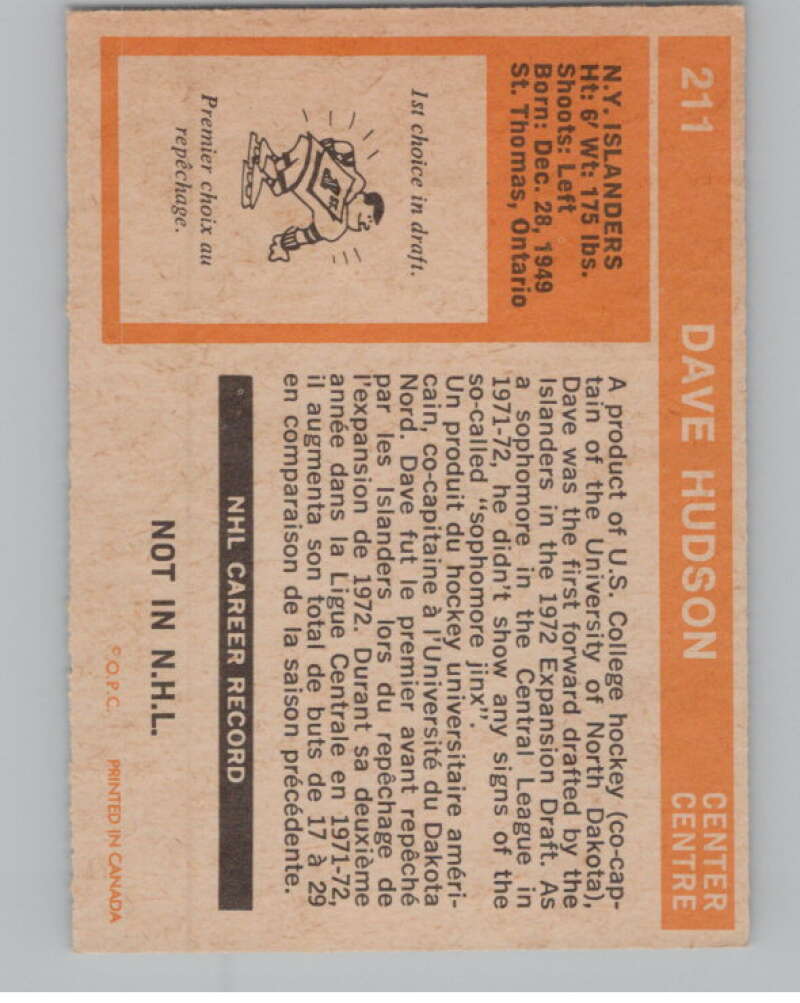 1972-73 O-Pee-Chee #211 Dave Hudson  RC Rookie New York Islanders  V99598 Image 2