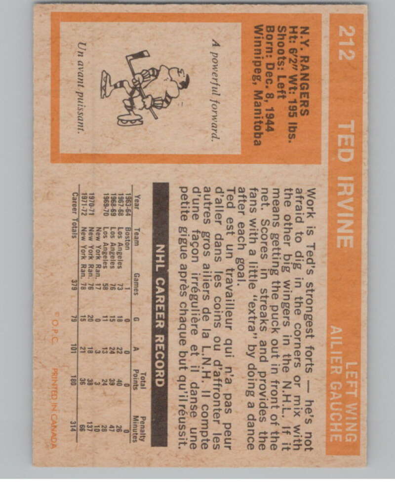 1972-73 O-Pee-Chee #212 Ted Irvine  New York Rangers  V99599 Image 2