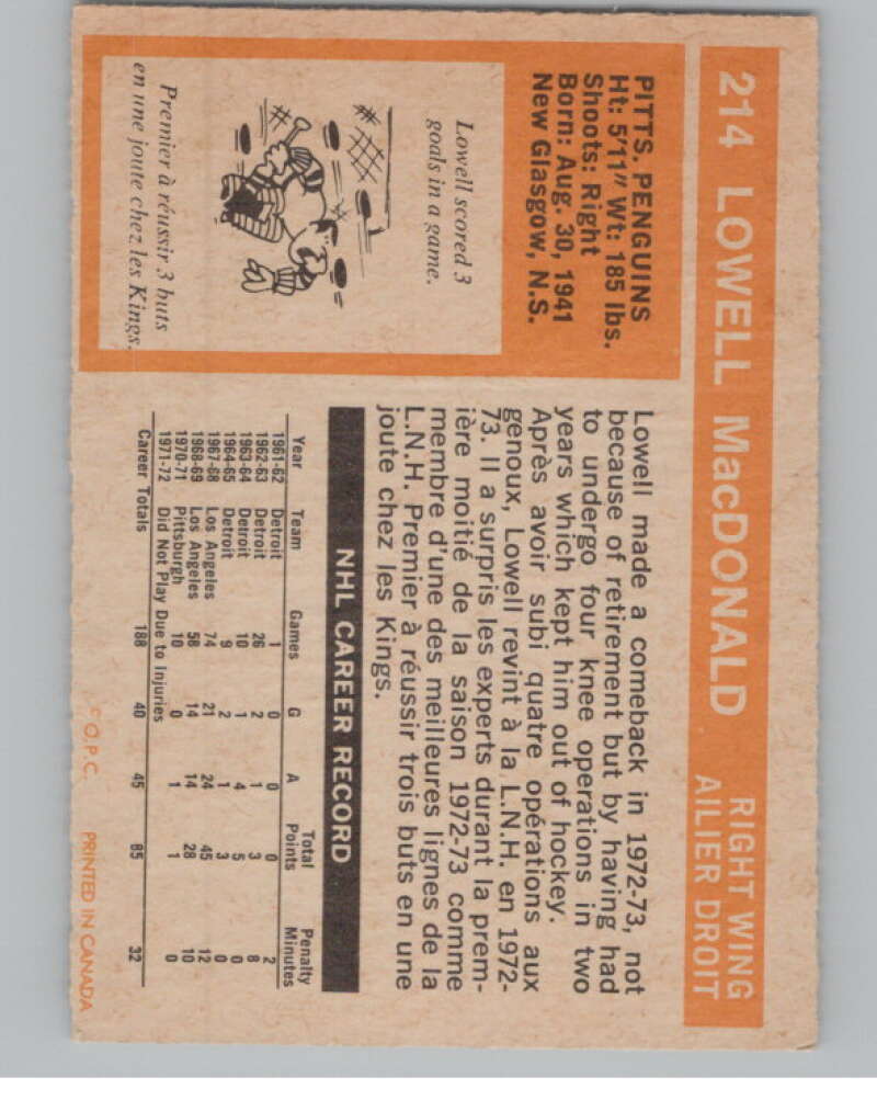 1972-73 O-Pee-Chee #214 Lowell MacDonald  Pittsburgh Penguins  V99600 Image 2
