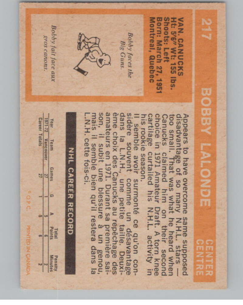 1972-73 O-Pee-Chee #217 Bobby Lalonde  RC Rookie Vancouver Canucks  V99601 Image 2
