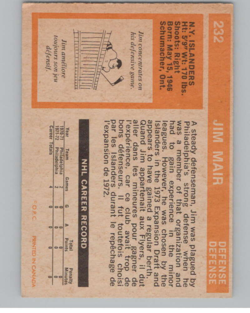 1972-73 O-Pee-Chee #232 Jim Mair  RC Rookie New York Islanders  V99603 Image 2