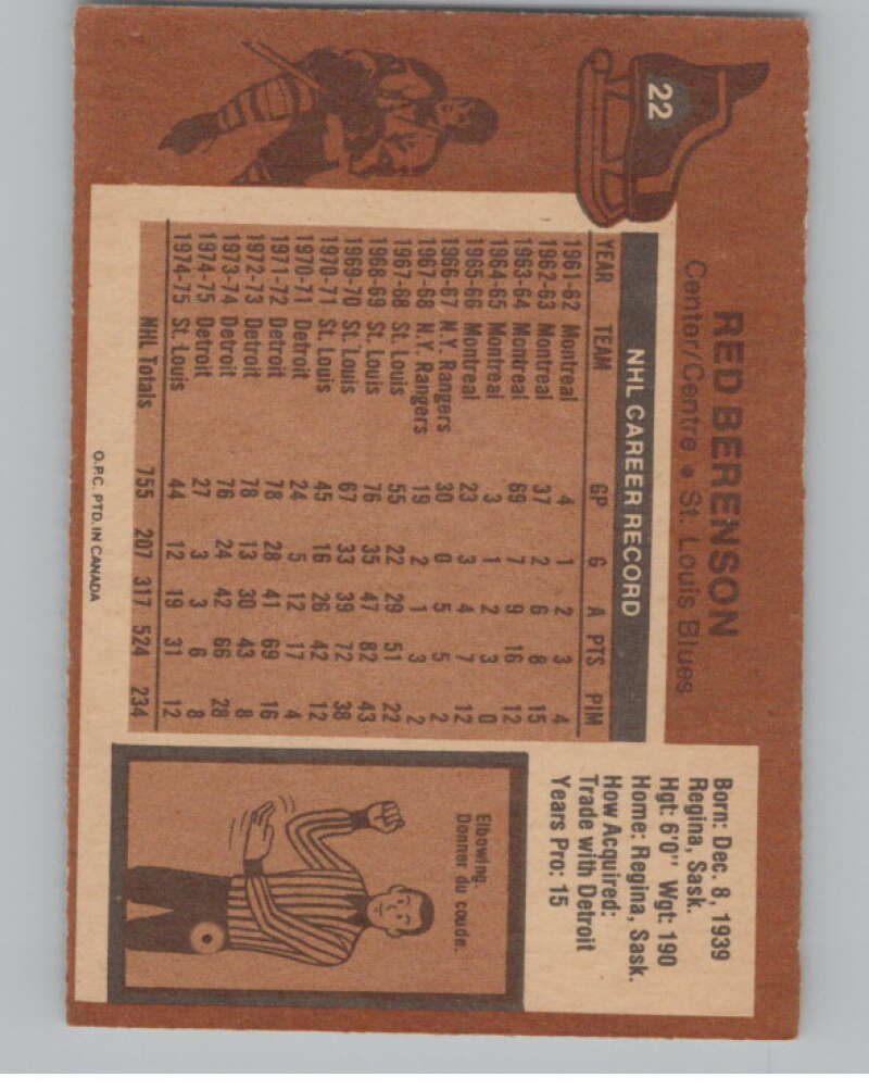 1975-76 O-Pee-Chee #22 Red Berenson  St. Louis Blues  V99609 Image 2