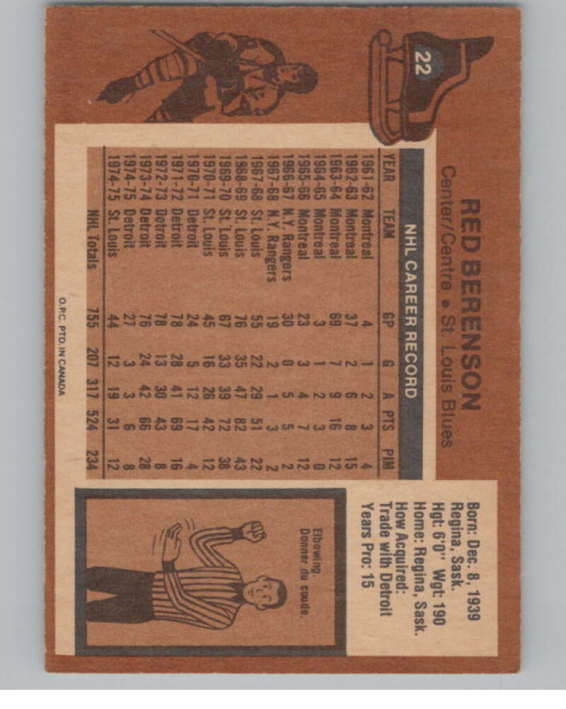 1975-76 O-Pee-Chee #22 Red Berenson  St. Louis Blues  V99610 Image 2