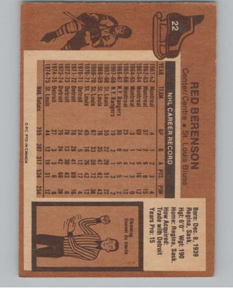 1975-76 O-Pee-Chee #22 Red Berenson  St. Louis Blues  V99611 Image 2