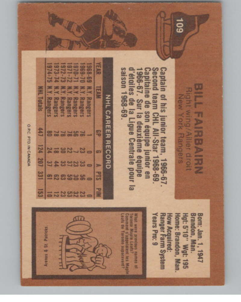 1975-76 O-Pee-Chee #109 Bill Fairbairn  New York Rangers  V99613 Image 2
