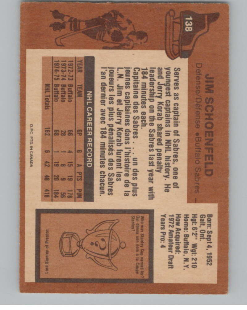 1975-76 O-Pee-Chee #138 Jim Schoenfeld  Buffalo Sabres  V99614 Image 2