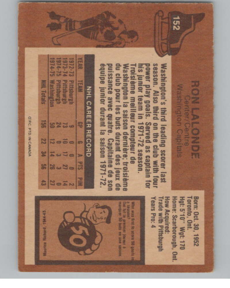 1975-76 O-Pee-Chee #152 Ron Lalonde RC Rookie Washington Capitals  V99615 Image 2