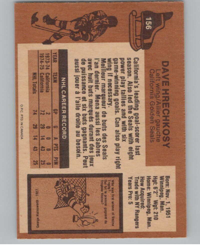 1975-76 O-Pee-Chee #156 Dave Hrechkosy  RC Rookie Golden Seals  V99616 Image 2