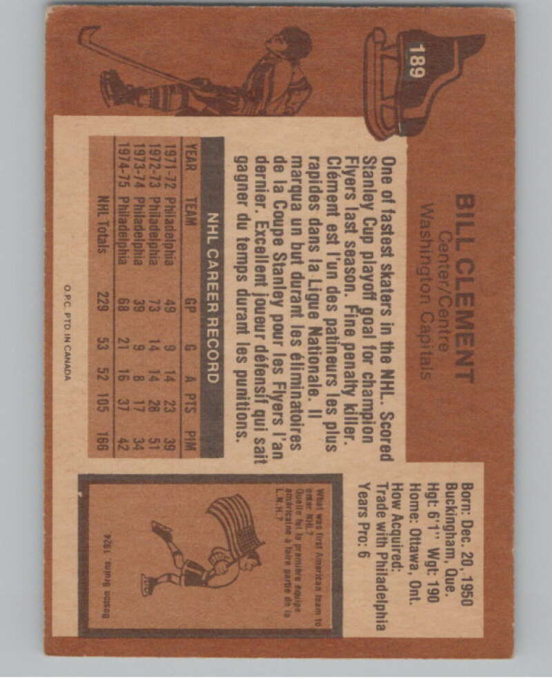 1975-76 O-Pee-Chee #189 Bill Clement  Washington Capitals  V99620 Image 2