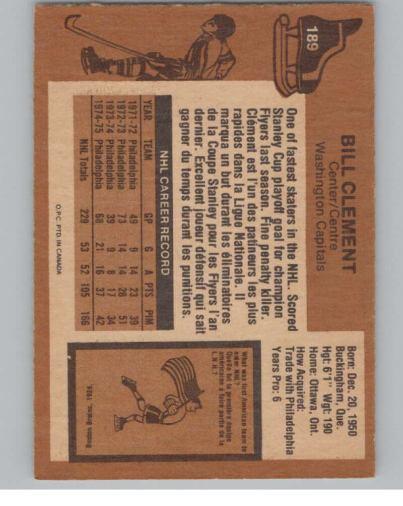1975-76 O-Pee-Chee #189 Bill Clement  Washington Capitals  V99621 Image 2