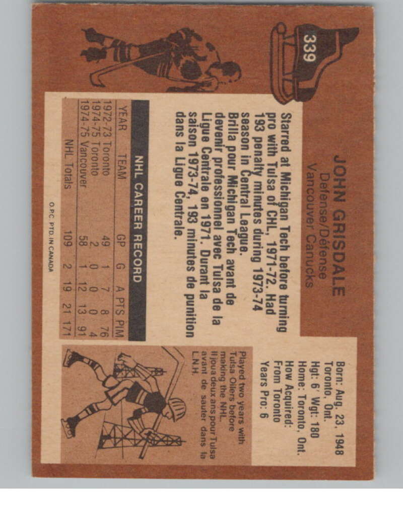 1975-76 O-Pee-Chee #339 John Grisdale  RC Rookie Vancouver Canucks  V99627 Image 2