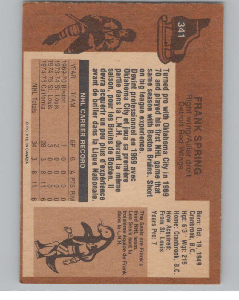 1975-76 O-Pee-Chee #341 Frank Spring  RC Rookie Golden Seals  V99628 Image 2