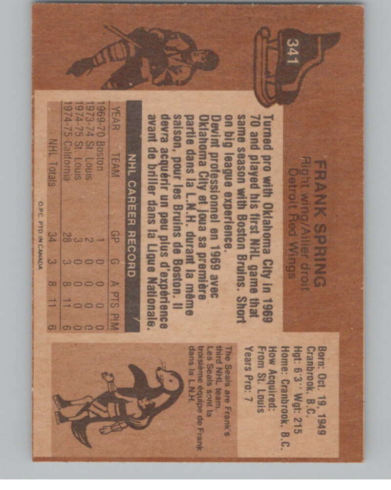 1975-76 O-Pee-Chee #341 Frank Spring  RC Rookie Golden Seals  V99629 Image 2