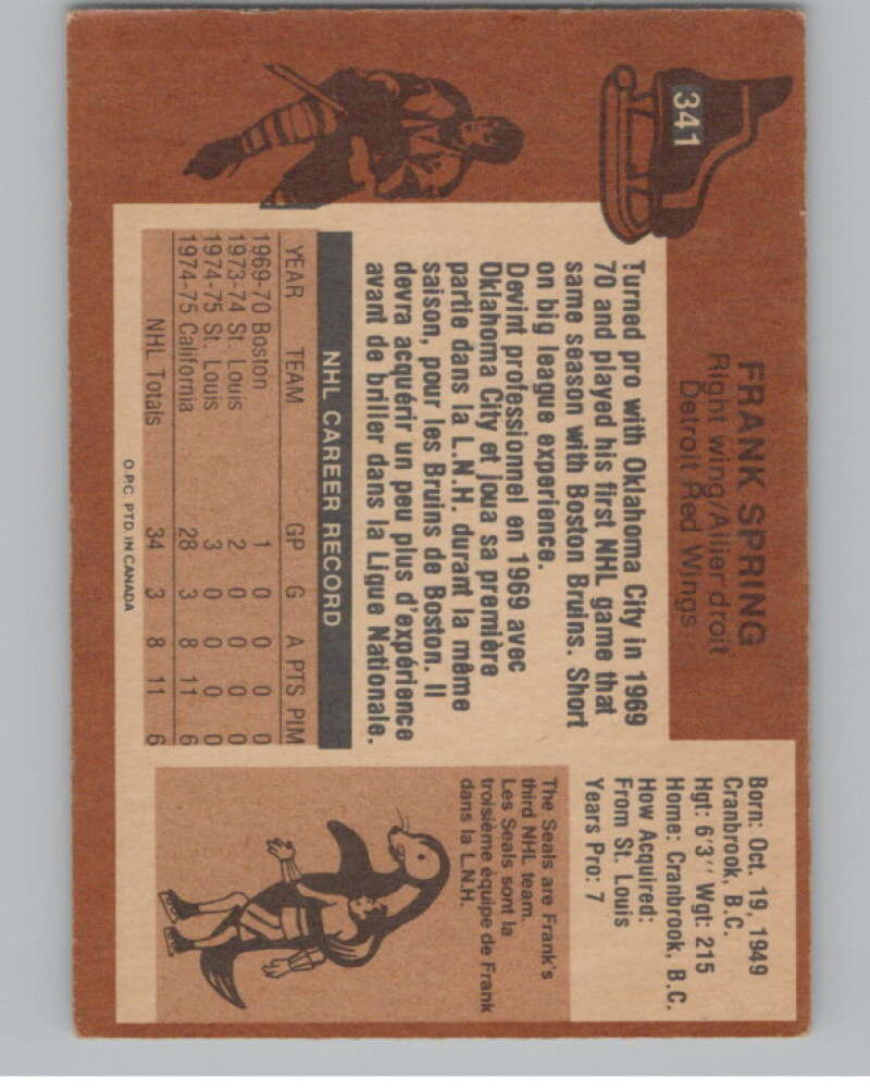 1975-76 O-Pee-Chee #341 Frank Spring  RC Rookie Golden Seals  V99630 Image 2