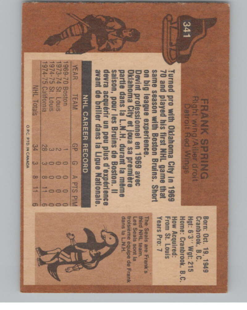 1975-76 O-Pee-Chee #341 Frank Spring  RC Rookie Golden Seals  V99631 Image 2