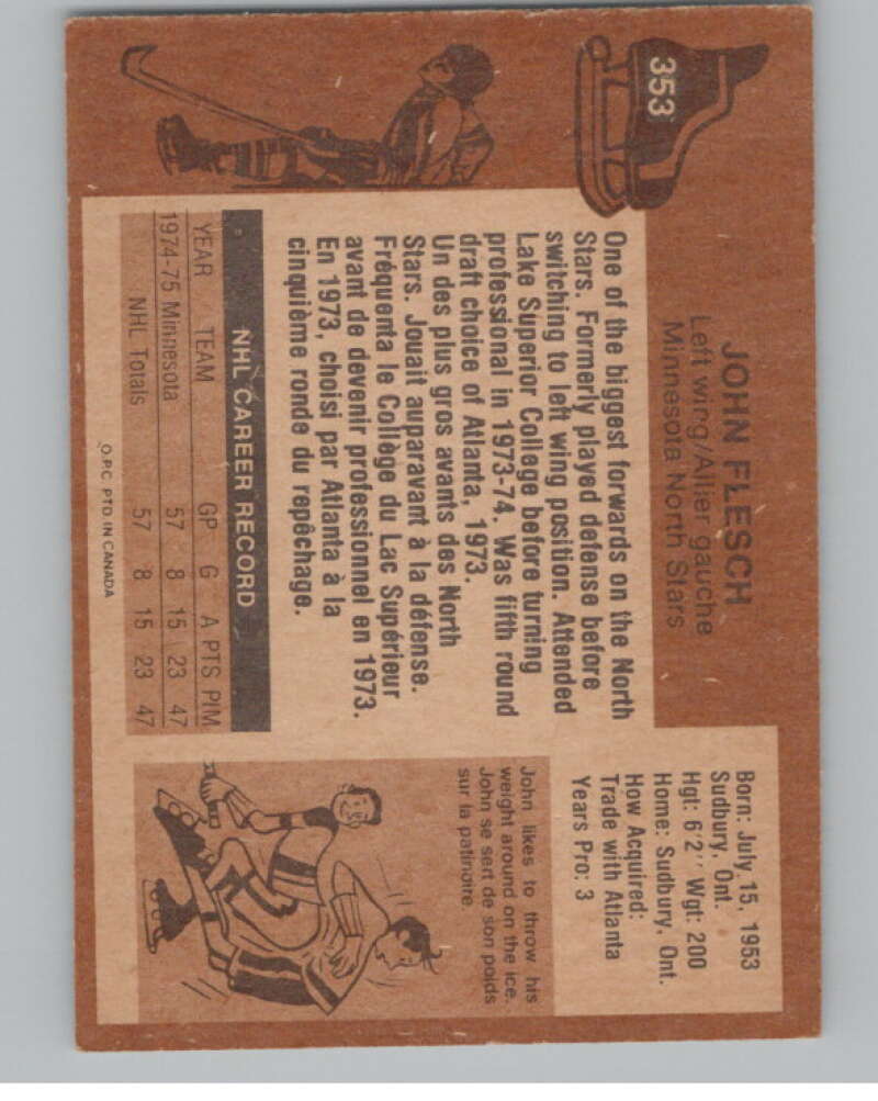 1975-76 O-Pee-Chee #353 John Flesch  RC Rookie Minnesota North Stars  V99632 Image 2