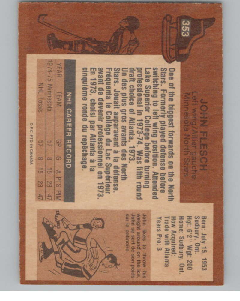 1975-76 O-Pee-Chee #353 John Flesch  RC Rookie Minnesota North Stars  V99633 Image 2