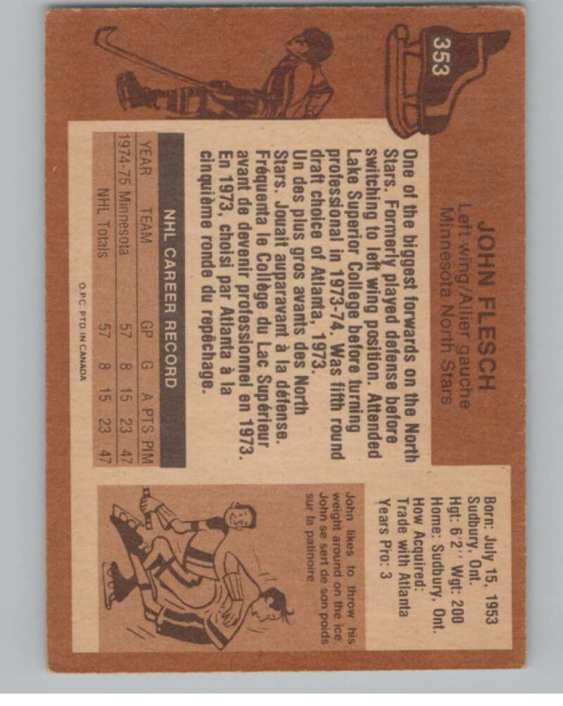 1975-76 O-Pee-Chee #353 John Flesch  RC Rookie Minnesota North Stars  V99634 Image 2