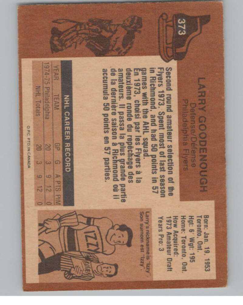 1975-76 O-Pee-Chee #373 Larry Goodenough  RC Rookie Philadelphia Flyers  V99635 Image 2