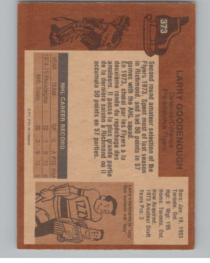 1975-76 O-Pee-Chee #373 Larry Goodenough  RC Rookie Philadelphia Flyers  V99636 Image 2
