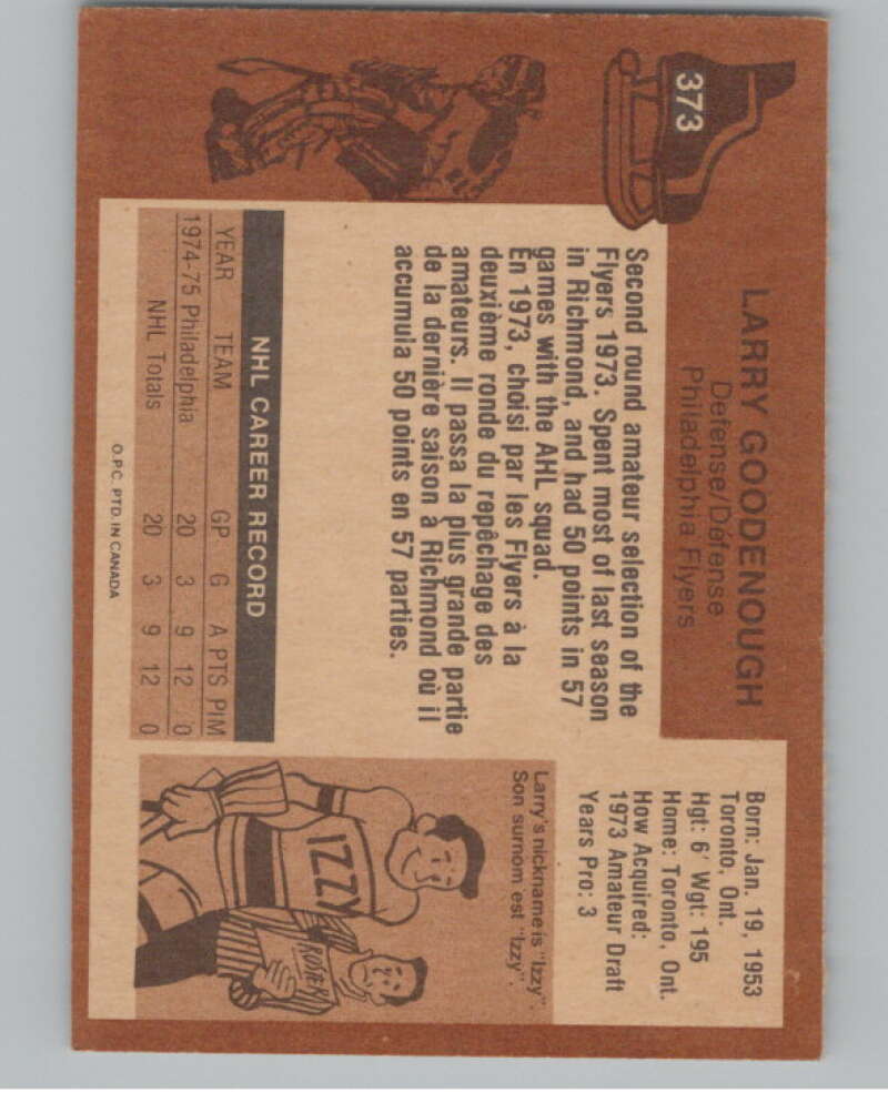 1975-76 O-Pee-Chee #373 Larry Goodenough  RC Rookie Philadelphia Flyers  V99637 Image 2