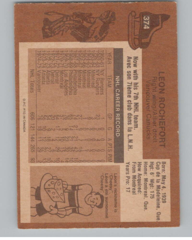 1975-76 O-Pee-Chee #374 Leon Rochefort  Vancouver Canucks  V99638 Image 2