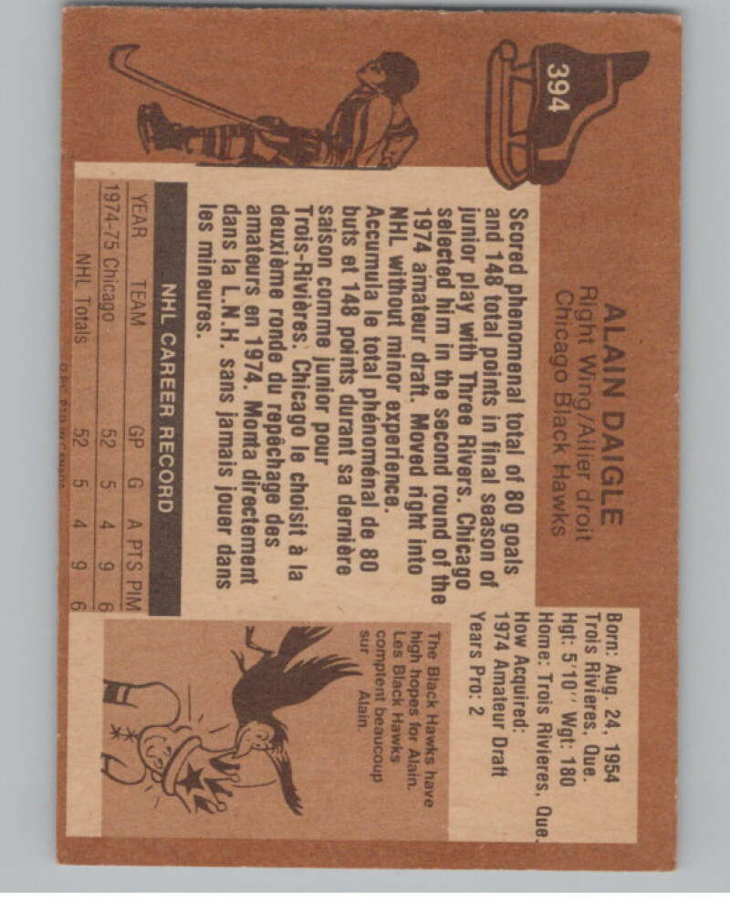 1975-76 O-Pee-Chee #394 Alain Daigle  RC Rookie Chicago Blackhawks  V99643 Image 2