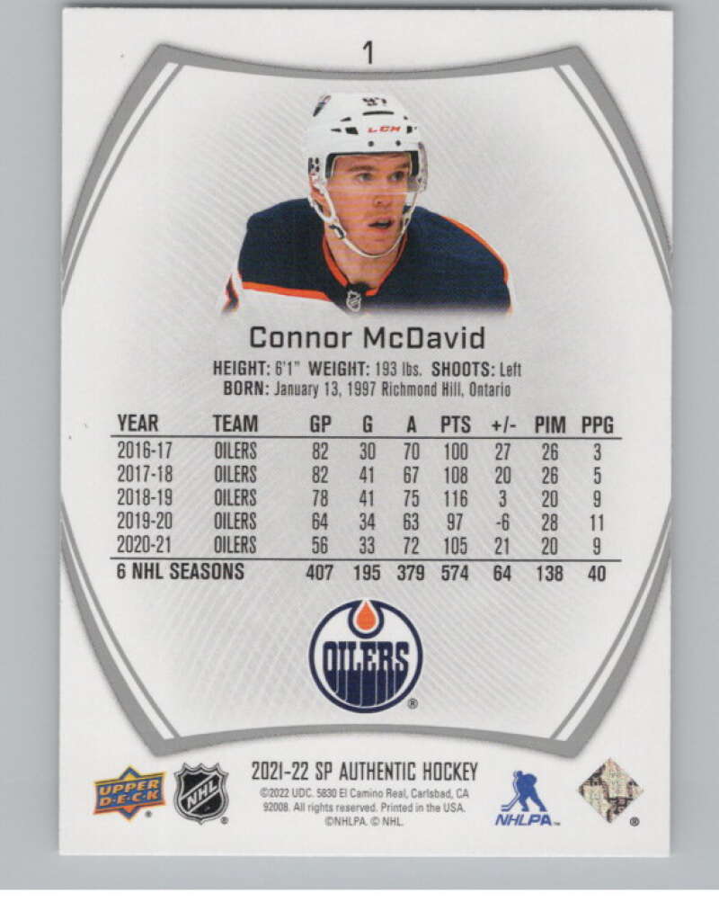 2021-22 SP Authentic #1 Connor McDavid  Edmonton Oilers  V99671 Image 2