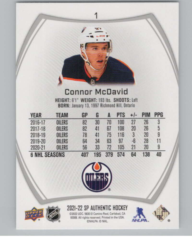 2021-22 SP Authentic #1 Connor McDavid  Edmonton Oilers  V99672 Image 2