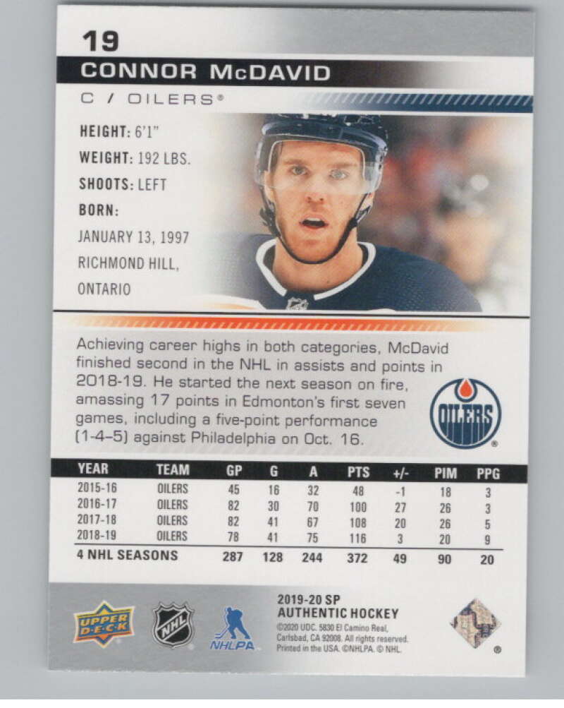 2019-20 SP Authentic #19 Connor McDavid  Edmonton Oilers  V99676 Image 2