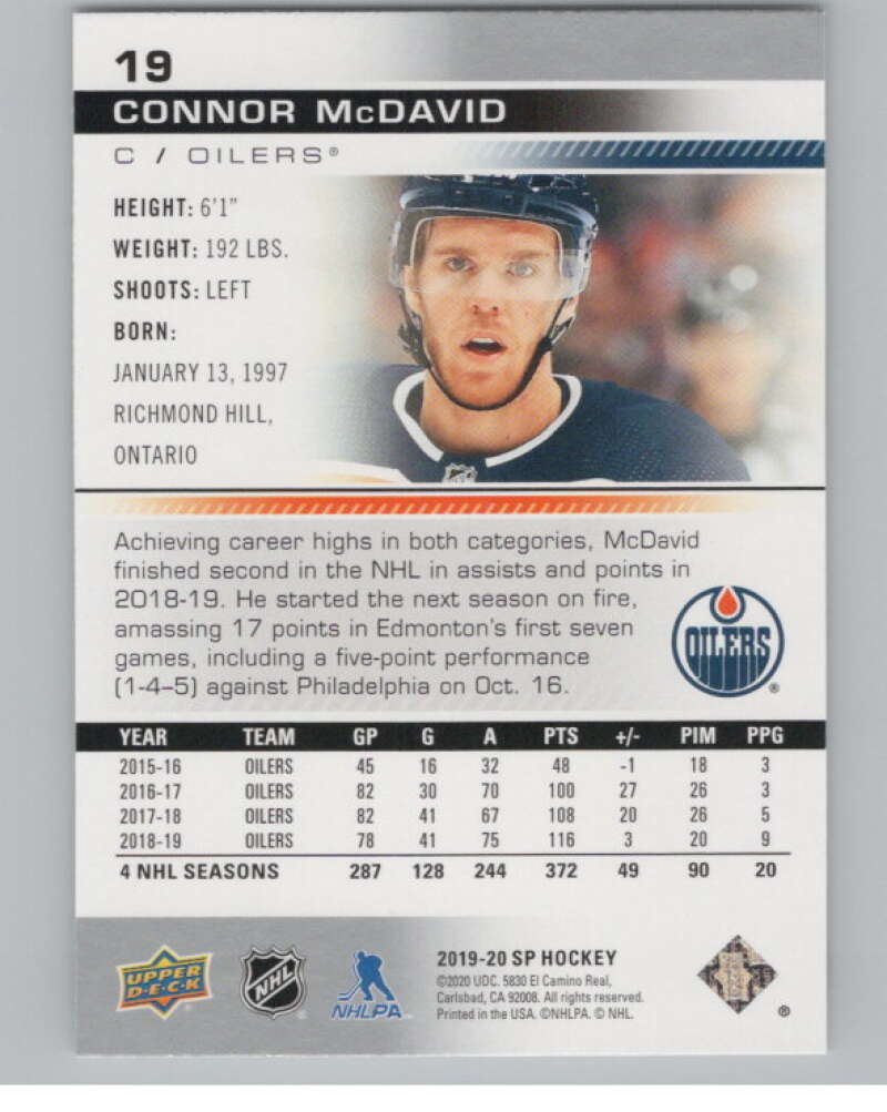 2019-20 SP Authentic #19 Connor McDavid  Edmonton Oilers  V99677 Image 2