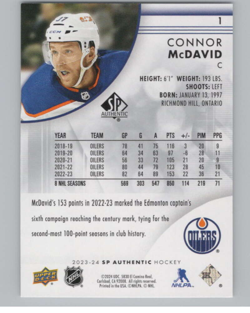 2023-24 SP Authentic #1 Connor McDavid  Edmonton Oilers  V99814 Image 2
