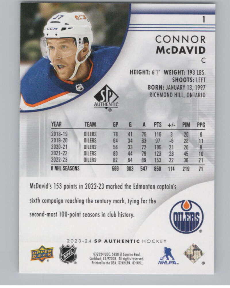 2023-24 SP Authentic #1 Connor McDavid  Edmonton Oilers  V99825 Image 2