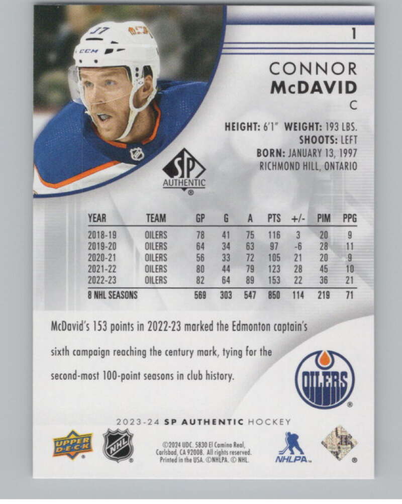 2023-24 SP Authentic #1 Connor McDavid  Edmonton Oilers  V99836 Image 2