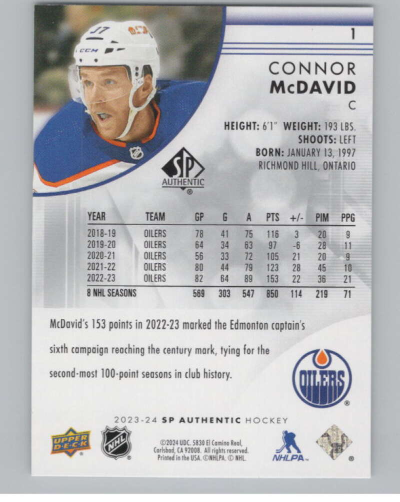 2023-24 SP Authentic #1 Connor McDavid  Edmonton Oilers  V99838 Image 2