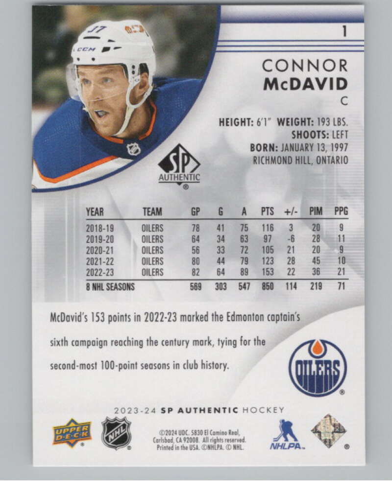 2023-24 SP Authentic #1 Connor McDavid  Edmonton Oilers  V99846 Image 2