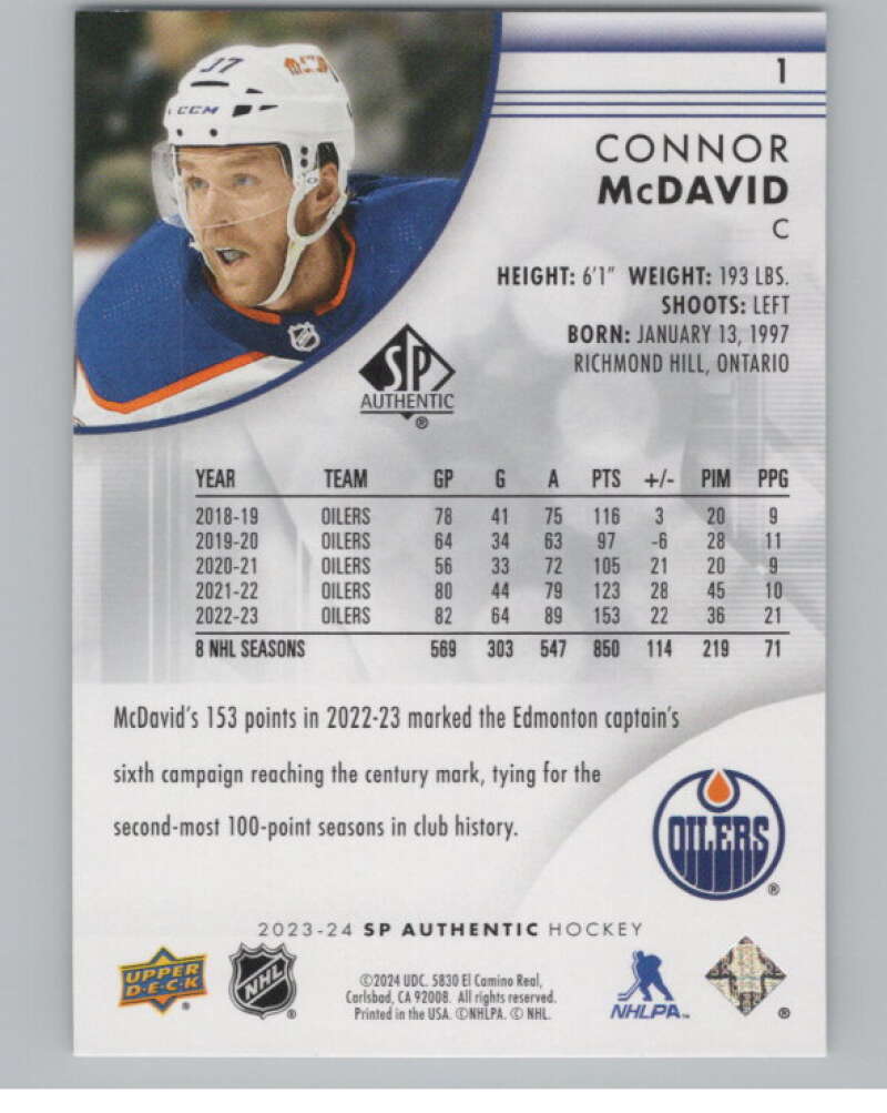 2023-24 SP Authentic #1 Connor McDavid  Edmonton Oilers  V99850 Image 2