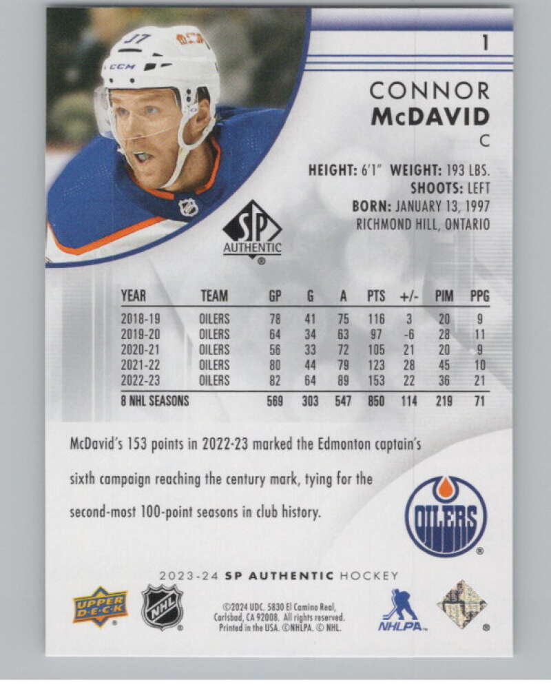 2023-24 SP Authentic #1 Connor McDavid  Edmonton Oilers  V99865 Image 2