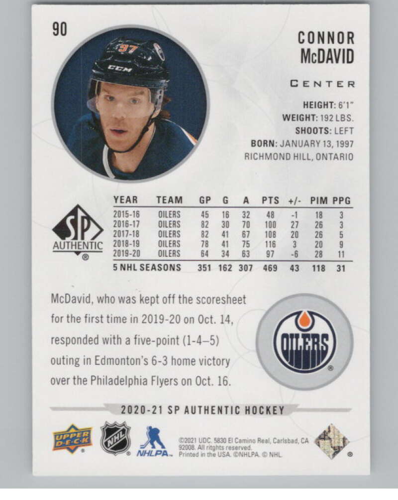 2020-21 SP Authentic #90 Connor McDavid  Edmonton Oilers  V99877 Image 2