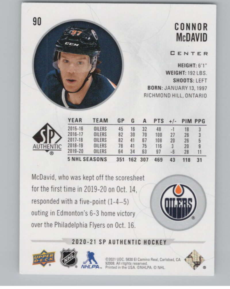2020-21 SP Authentic #90 Connor McDavid  Edmonton Oilers  V99881 Image 2