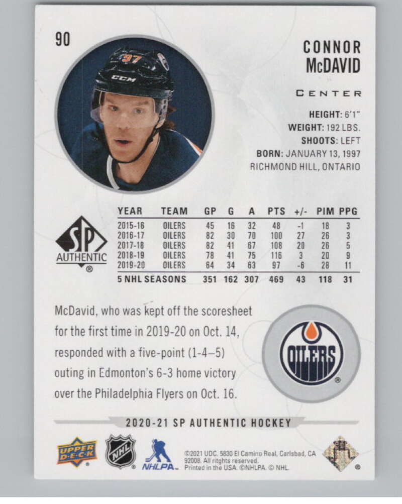 2020-21 SP Authentic #90 Connor McDavid  Edmonton Oilers  V99882 Image 2